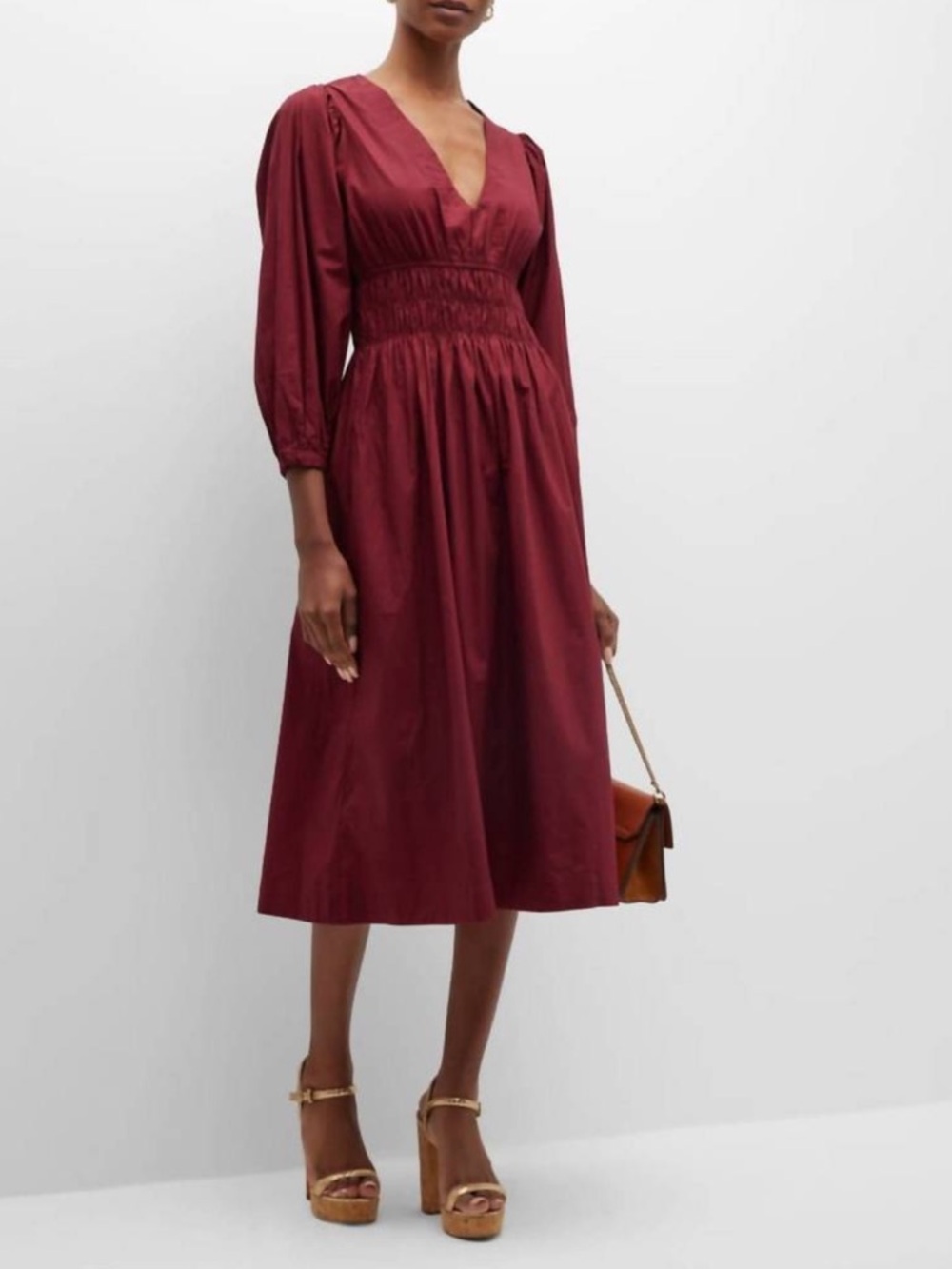 CARA CARA ginger dress in cabernet solid burgundy size M poplin puff sleeves